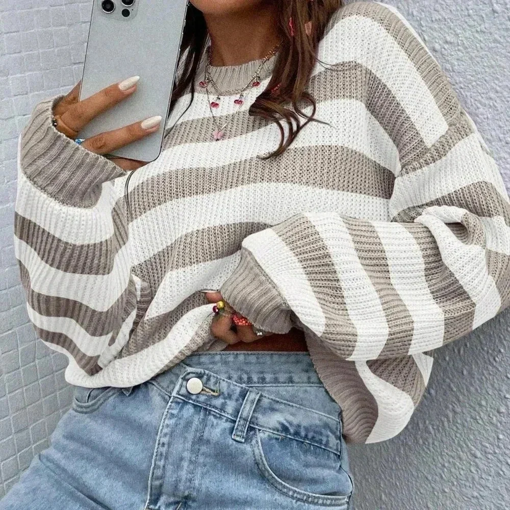 Multicolor Casual Women's Striped Pattern Drop Shoulder Sweater